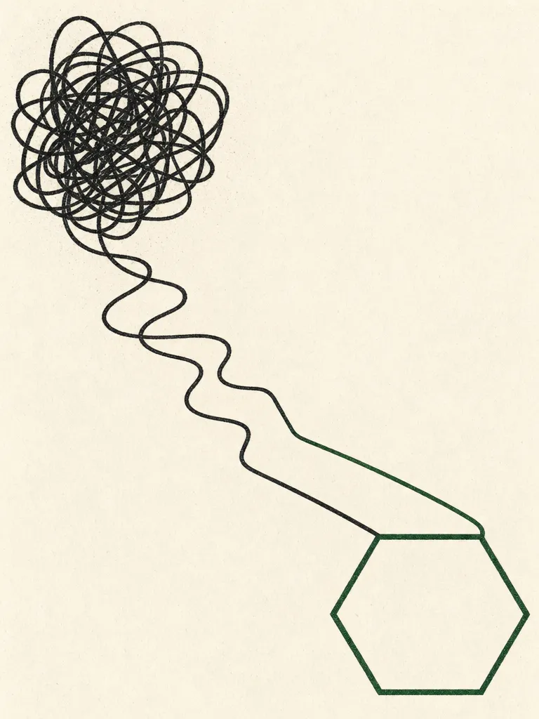 A tangle of scribbled line gradually straightening as it descends, resolving into a clean hexagonal token